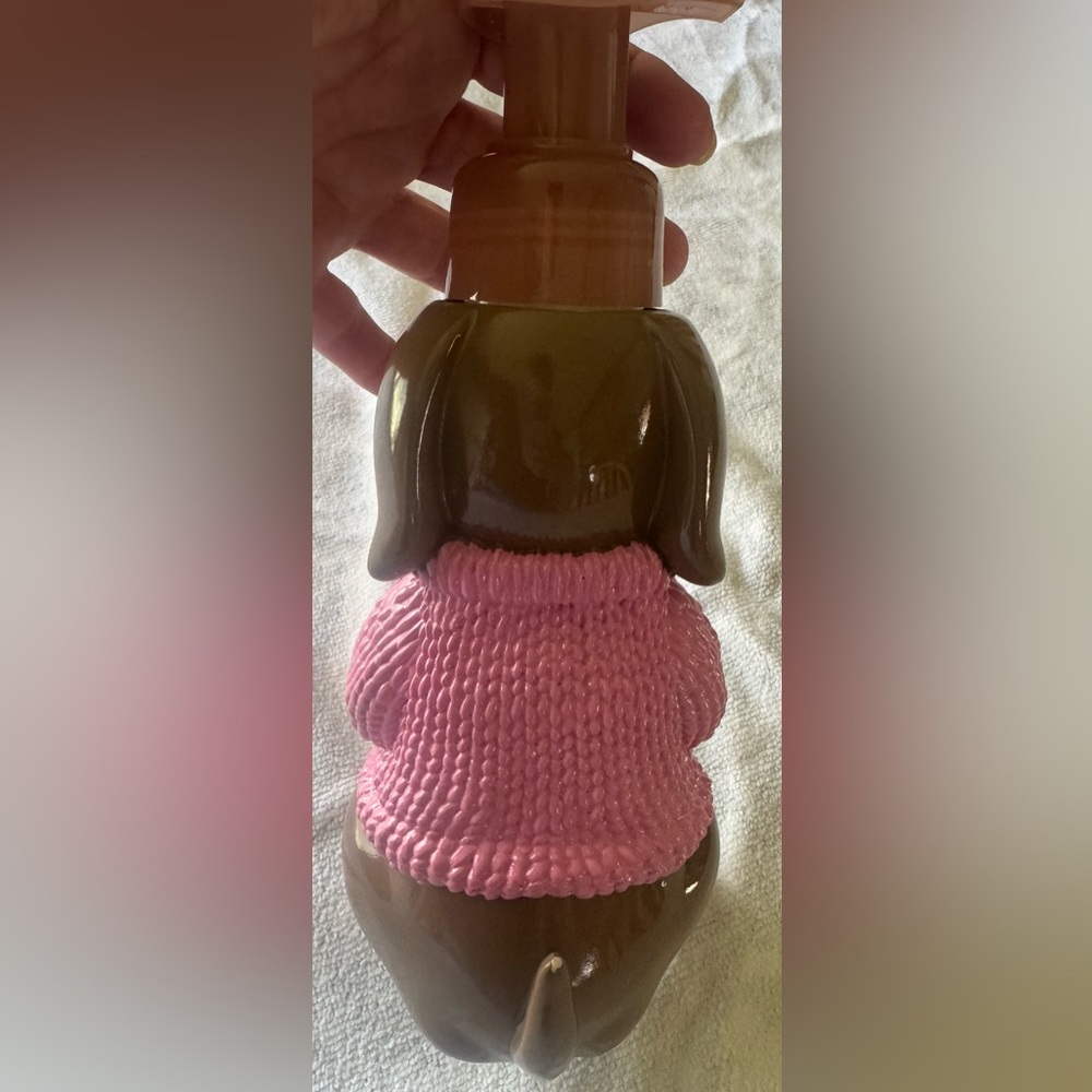 Liquid Hand Soap Dispenser. Pink Dog Figurine with Heart Sweater - Picture 2 of 4